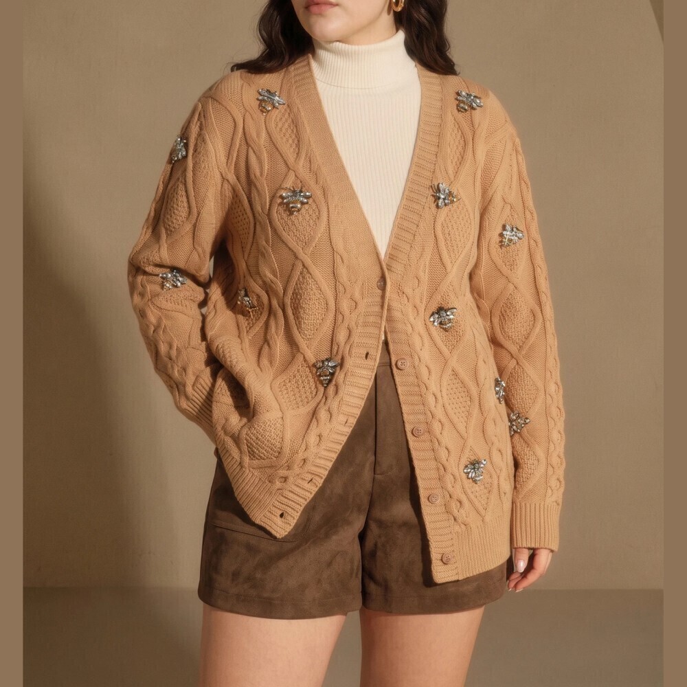 Tan Cable Knit Rhinestone Bee Embellished V Neck Cardigan
